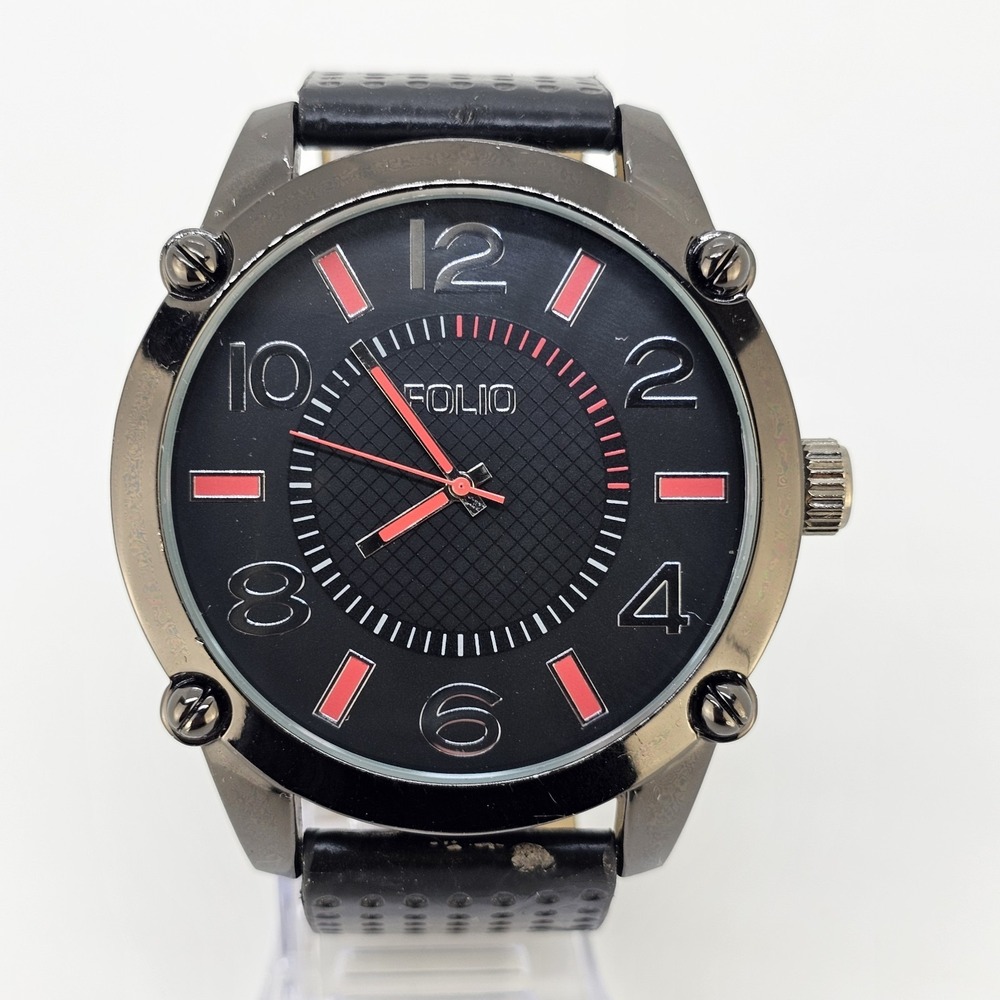Folio Men's Analog Watch 55MM Black Dial Black Faux Leather Bands New Battery